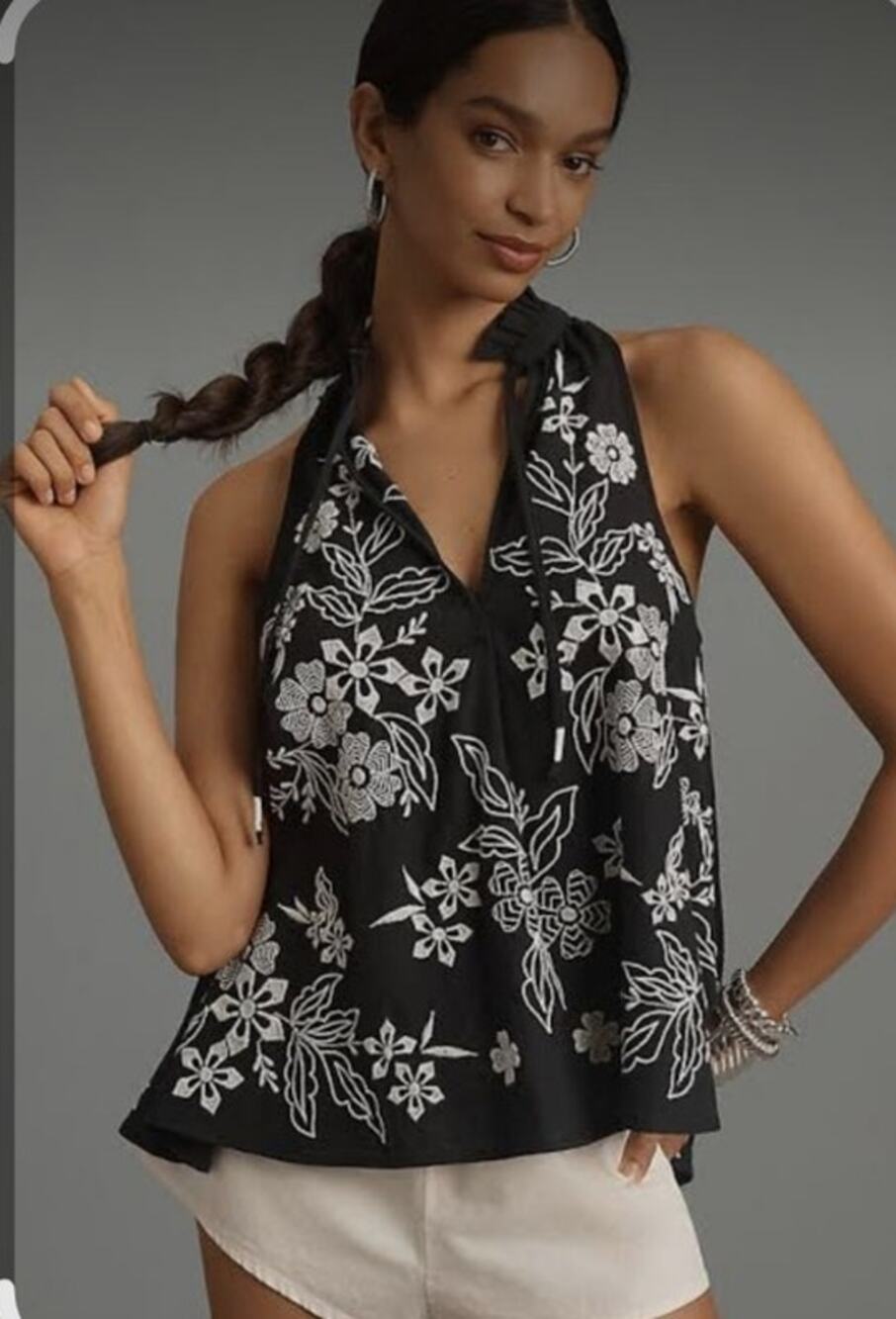 Pilcro Anthropologie Tavi Halter Tank Blouse Botanical Embroidery Linen SZ XS